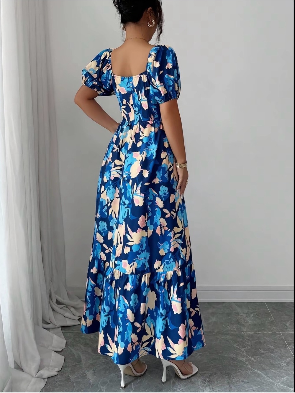 Blue Floral Square-Neck Maxi Dress Size L NWOT - Picture 2 of 4